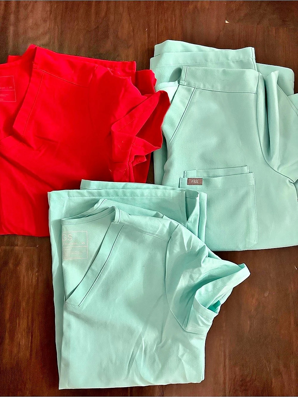 Lot of 3 FIGS XS Scrubs Tops. Christmas Red, Aqua